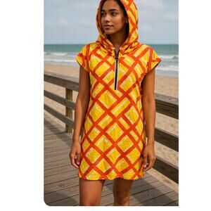 Women's Linen Style Beach Cover up Mini Geo Print Hood Y2K Medium Vacation